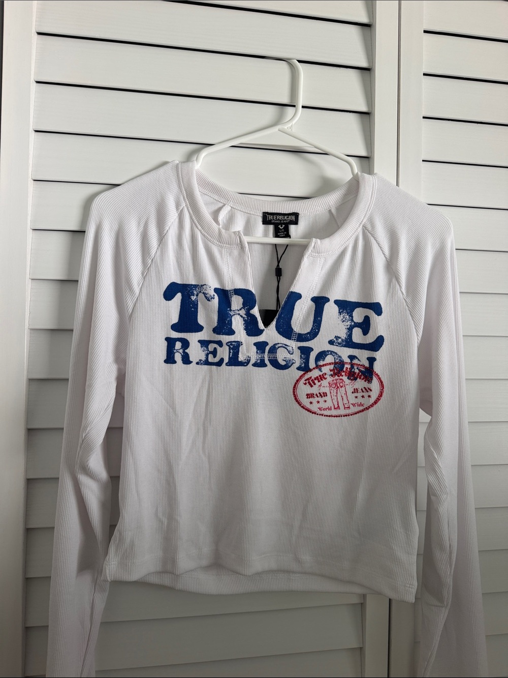 True Religion White Long-Sleeve Tee with Blue Logo and Red Stamp